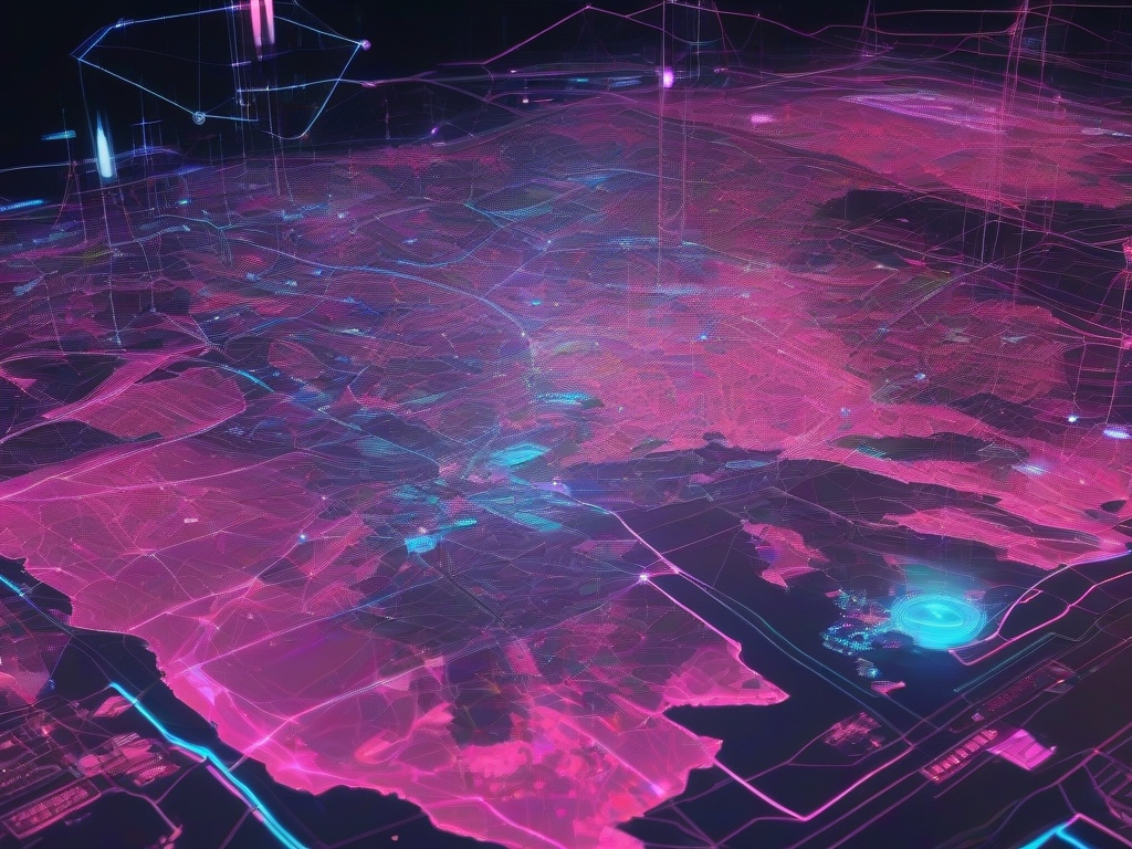 Mapa holográfico de Ecuador con puntos de datos de violencia, interfaz tecnológica futurista